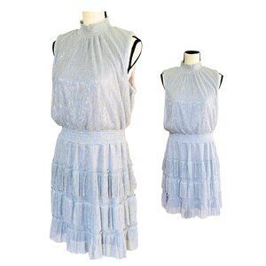 MSK Shimmer Silver Metallic Ruffle Mini Dress Size Large, Party, Cocktail, Glam